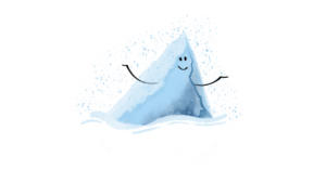 Illustrated mountain character with snow falling. 